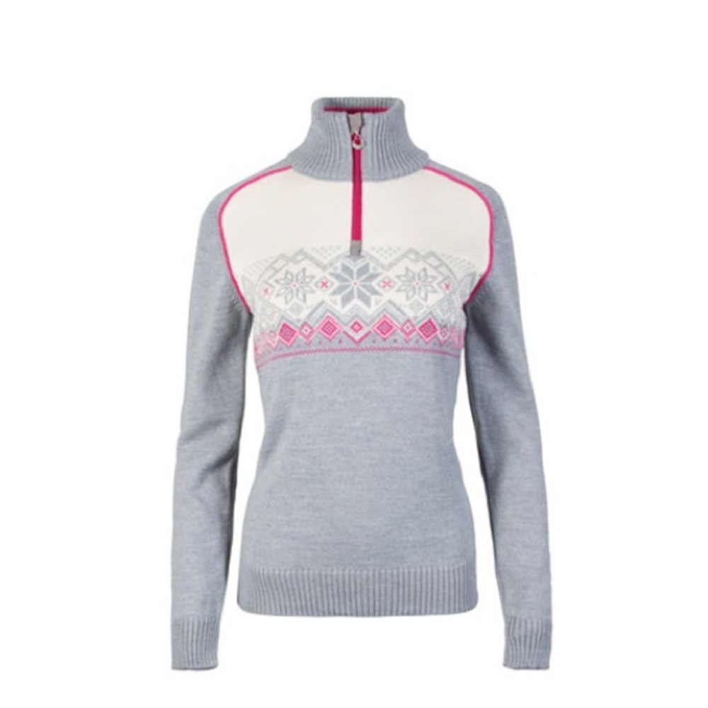 Gray and Cream Women's Sweater with Pink Accents